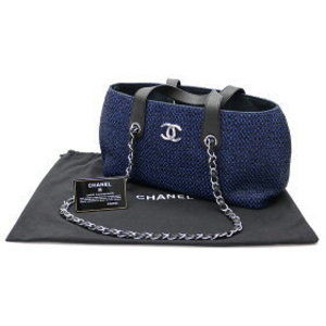 Chanel Straw Chain Bag Blue Black Coco Mark Tote Basket Raffia CC Logo